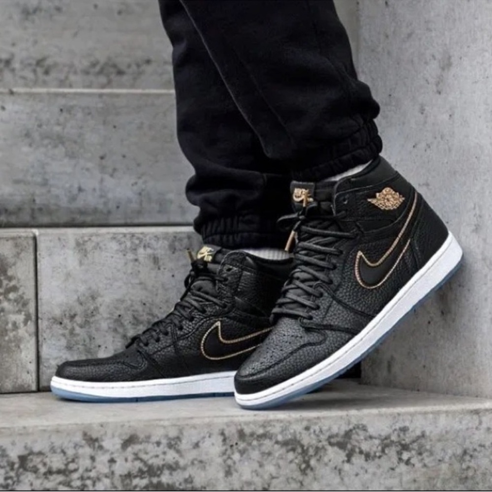 Nike Air Jordan 1 Retro OG High City of Flight Black Gold Leather Sneakers 6Y